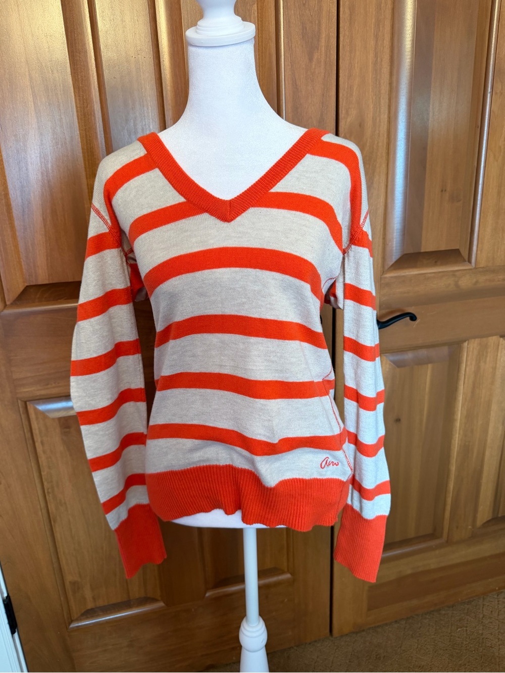 Aeropostale Orange And Beige Stripe V-neck Sweater Women’s Size L Y2K